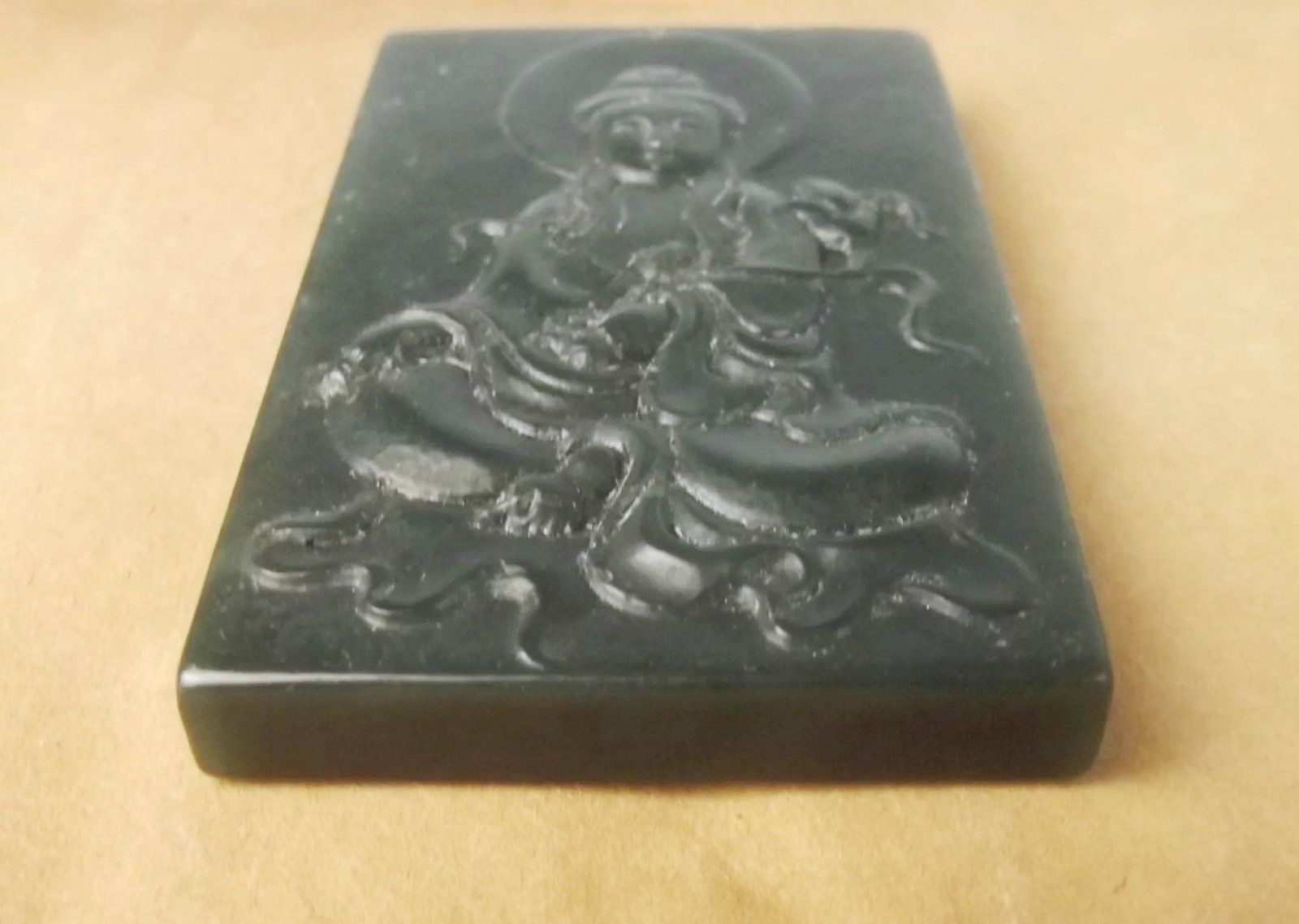 Chinese Finely Carved Dark Green Contemporary Buddha Jade Pendant - Image 3