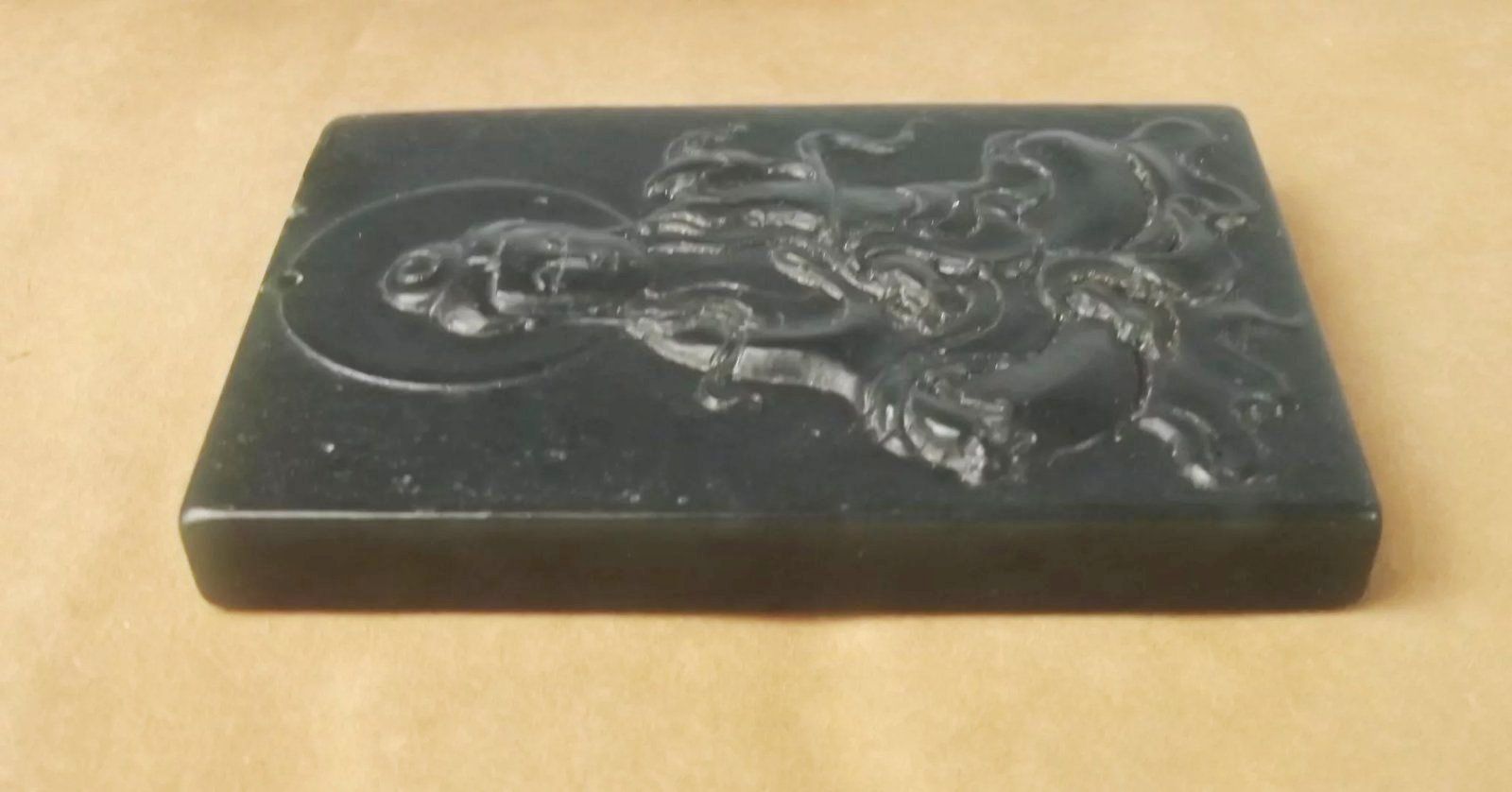 Chinese Finely Carved Dark Green Contemporary Buddha Jade Pendant - Image 4