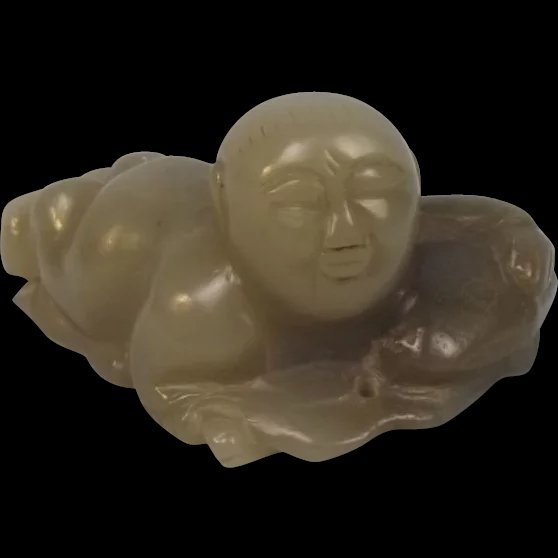 Chinese Qing Dynasty Jade Pendant Of A Boy With A Carp