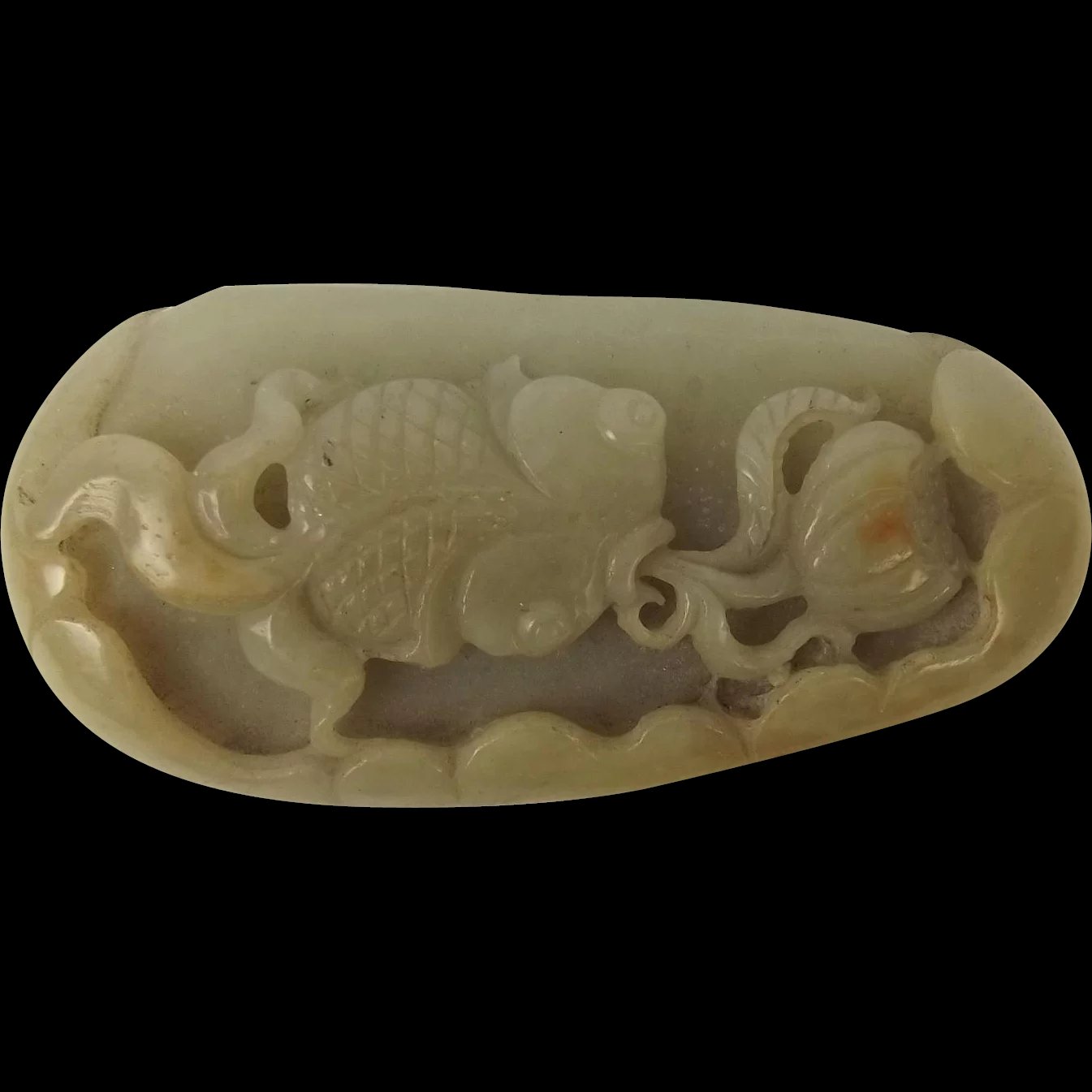 Chinese Qing Dynasty Nephrite Jade Fish And Lotus Pendant
