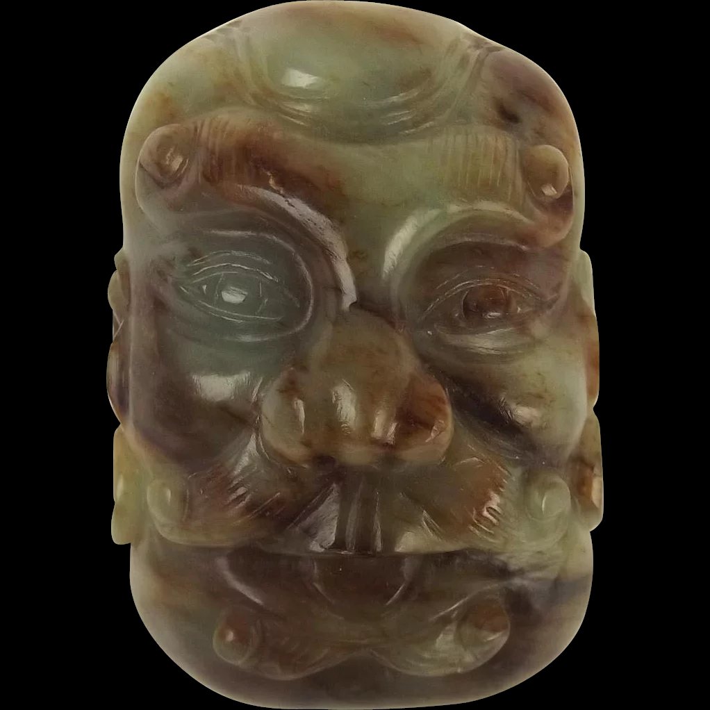 Chinese Qing Nephrite Jade Belt Decoration Of A Bearded Mans Head