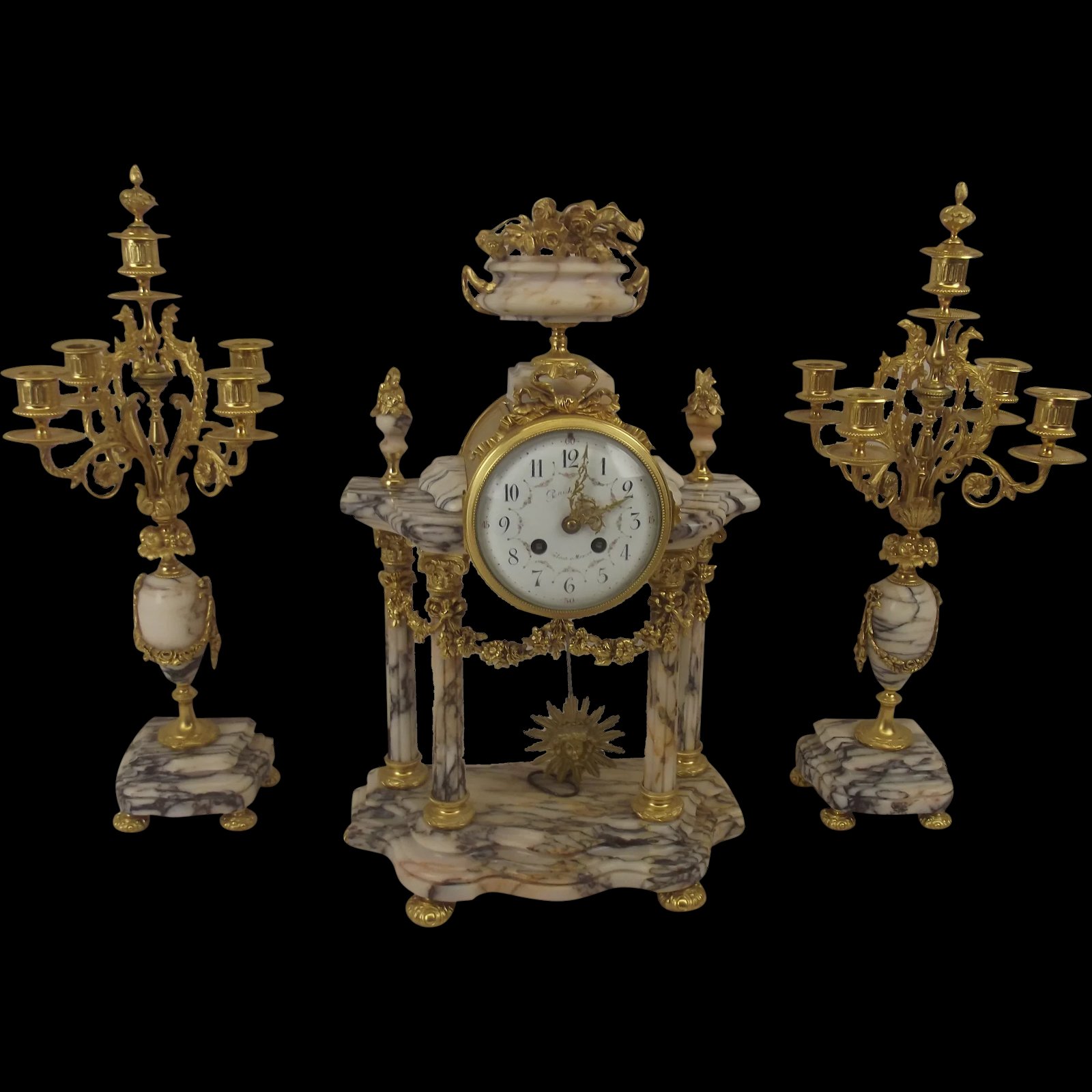 Circa 1860 Eight Day French Ormolu And Marble Clock And Garniture Set By A. D. Mougin