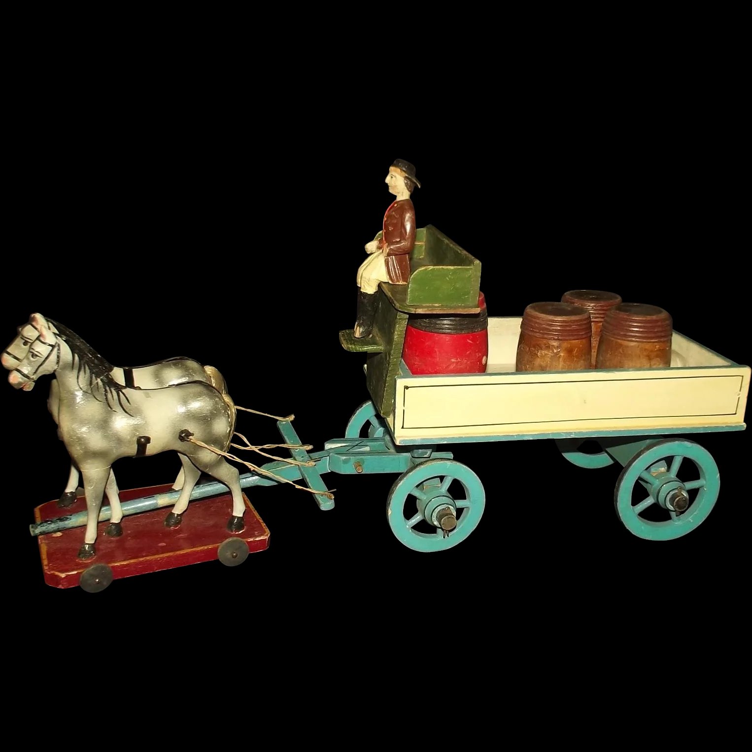 Circa 1900 German Wooden Horse & Cart Toy