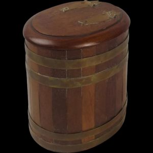 Circa 1900 Oak & Bound Brass Barrel Tobacco Jar