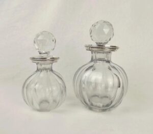 Circa 1930 Two Silver Collared Cut Crystal Glass Baccarat Decanters