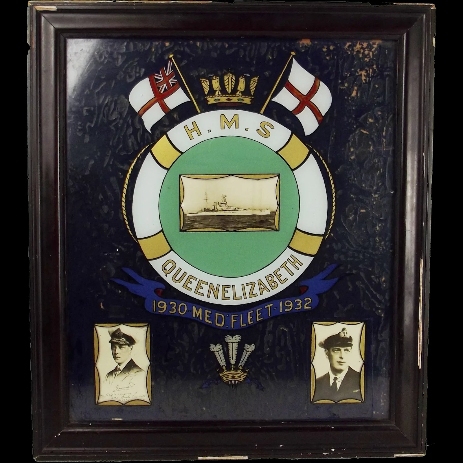 Circa 1932 Framed Painting on Glass - HMS Queen Elizabeth With Royal Signatures