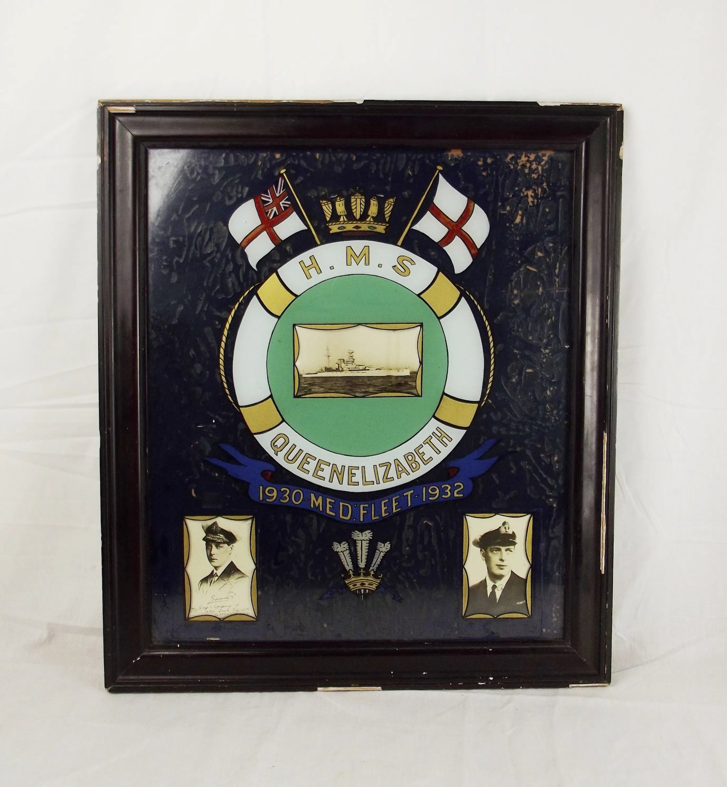 Circa 1932 Framed Painting on Glass - HMS Queen Elizabeth With Royal Signatures - Image 2