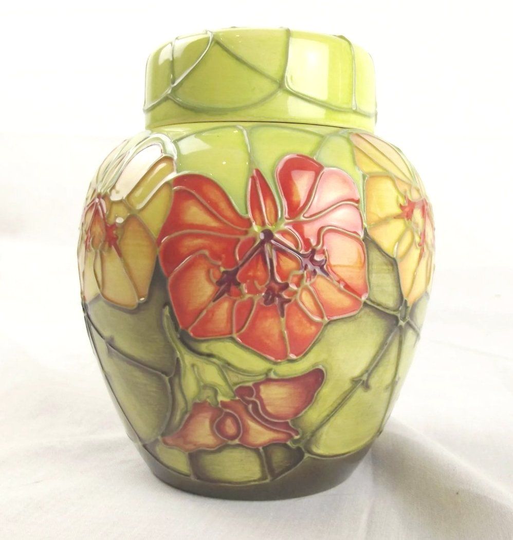 Circa 1993 Moorcroft Nasturtium Pattern Ginger Jar and Cover