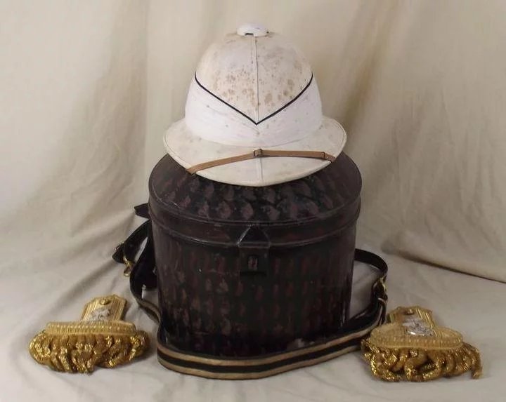 Circa WW2 Cased Royal Navy Pith Helmet, Epaulettes & Sword Belt