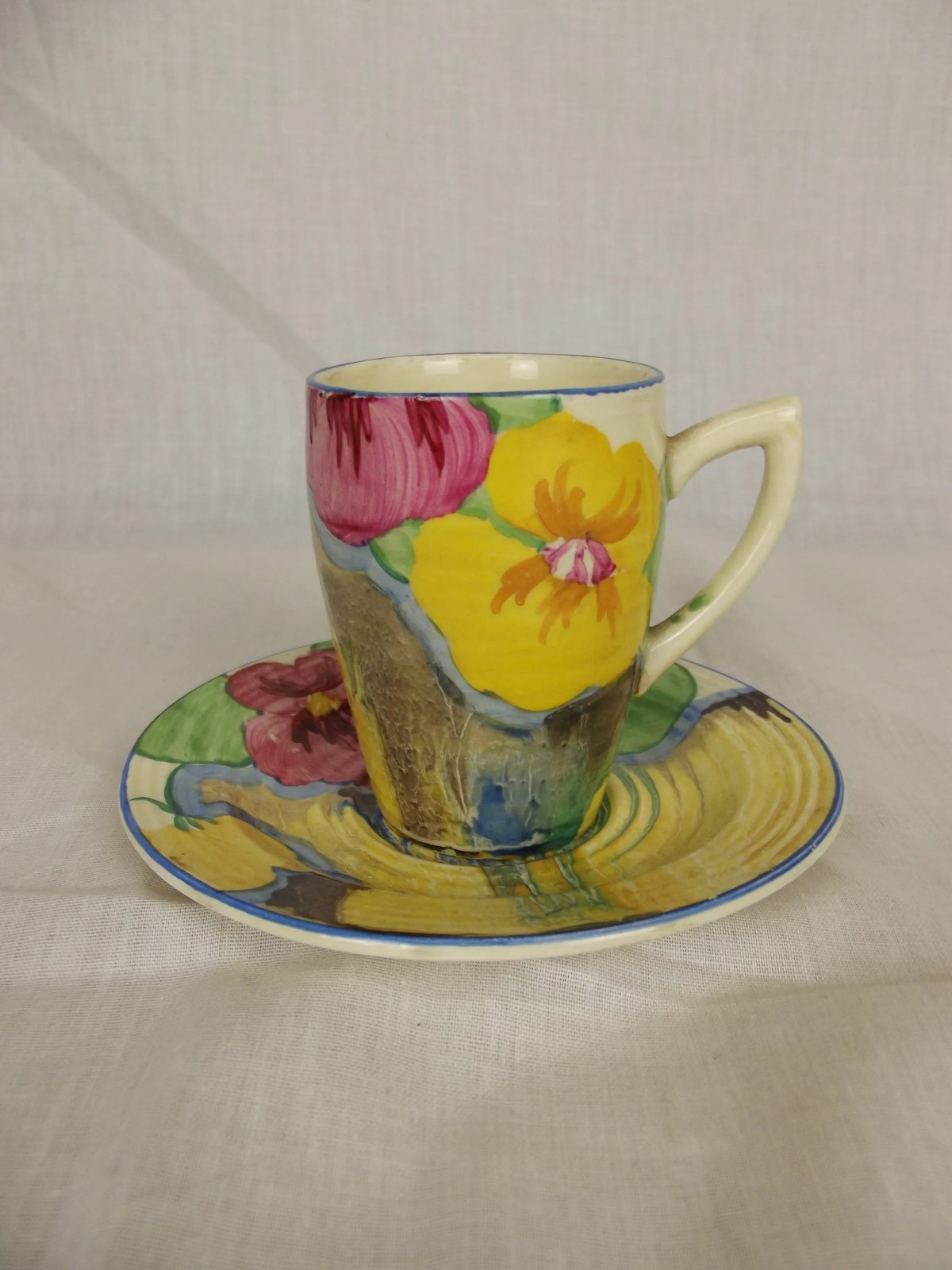 Clarice Cliff Lynton Shape Delicia Pansies Coffee Can And Saucer
