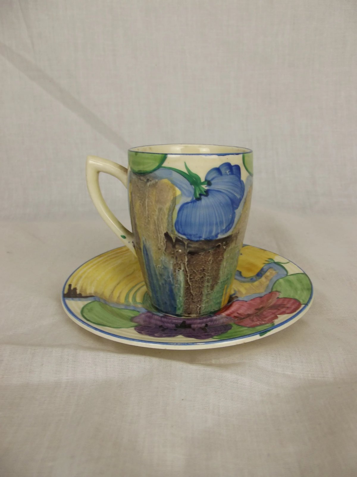 Clarice Cliff Lynton Shape Delicia Pansies Coffee Can And Saucer