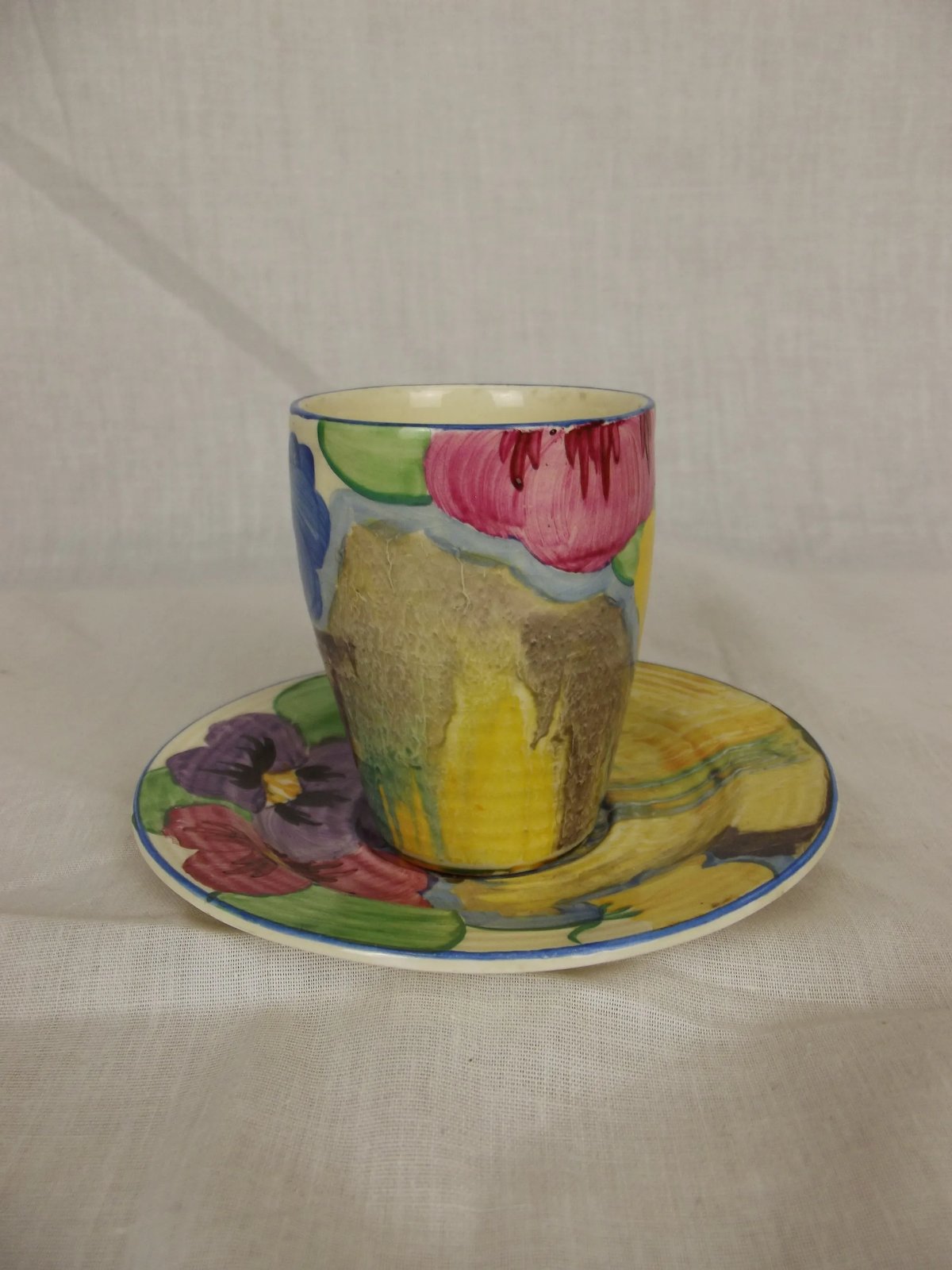Clarice Cliff Lynton Shape Delicia Pansies Coffee Can And Saucer