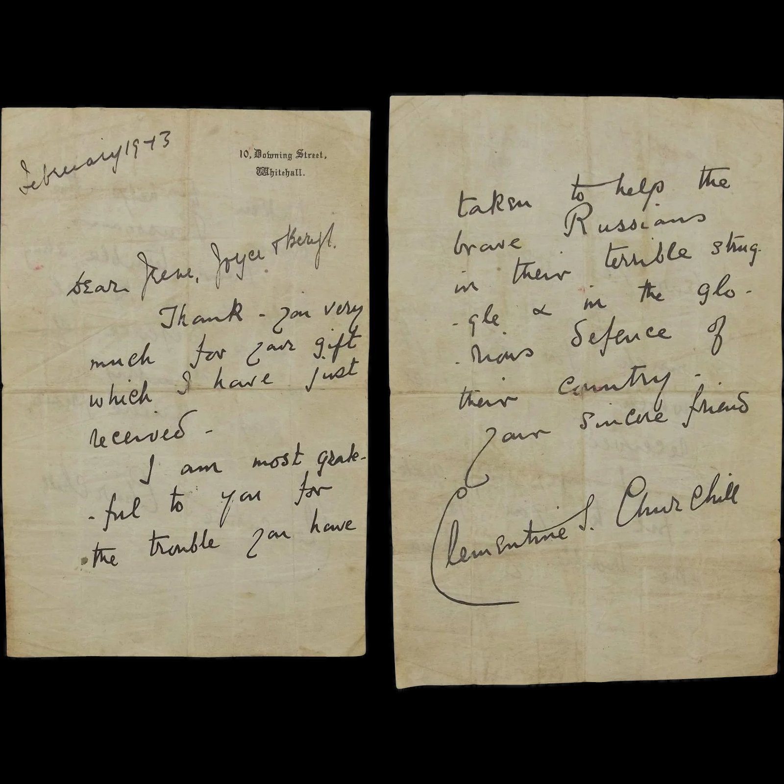 Clementine Churchill Signed Letter From 10 Downing Street c1943