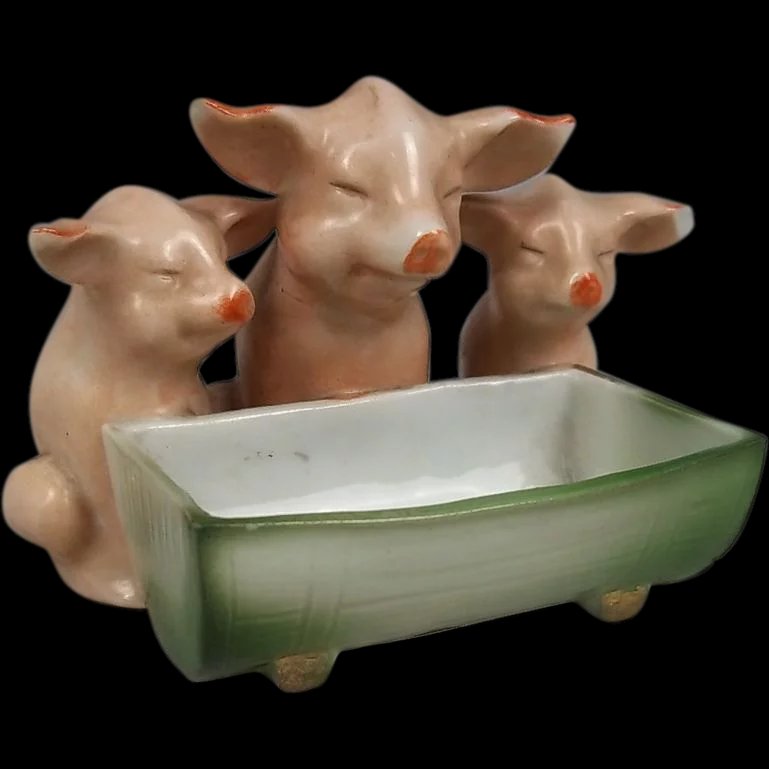 Early 20th Century German Novelty Ornament: Three Pigs At Trough