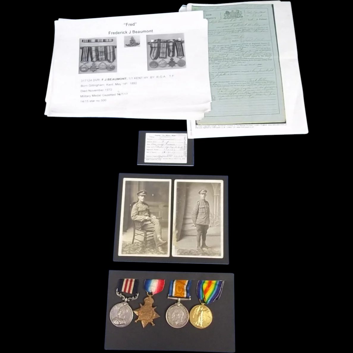 Excellent WW1 Military Medal Group F.J Beaumont RGA full details.