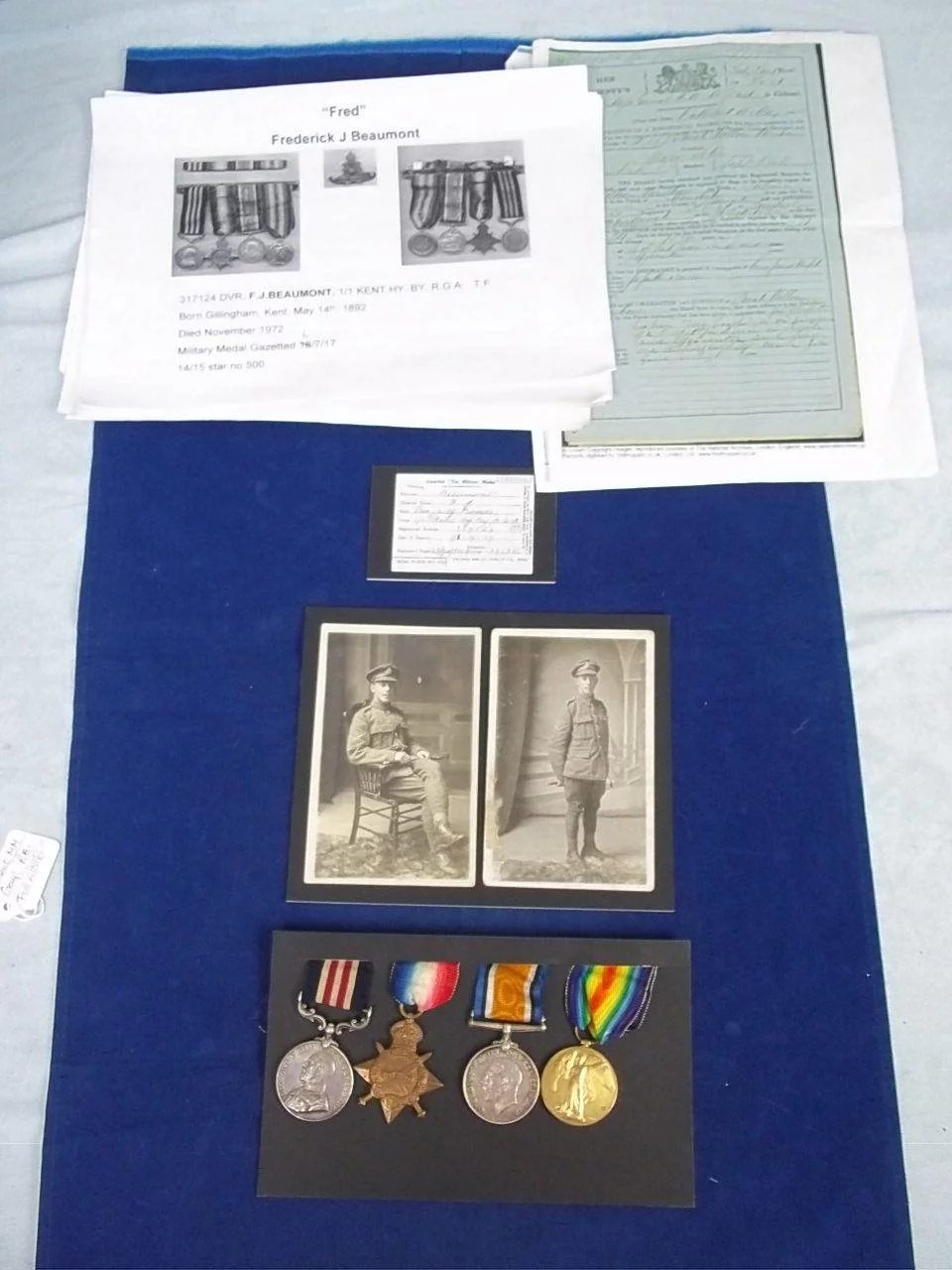 Excellent WW1 Military Medal Group F.J Beaumont RGA full details. - Image 2