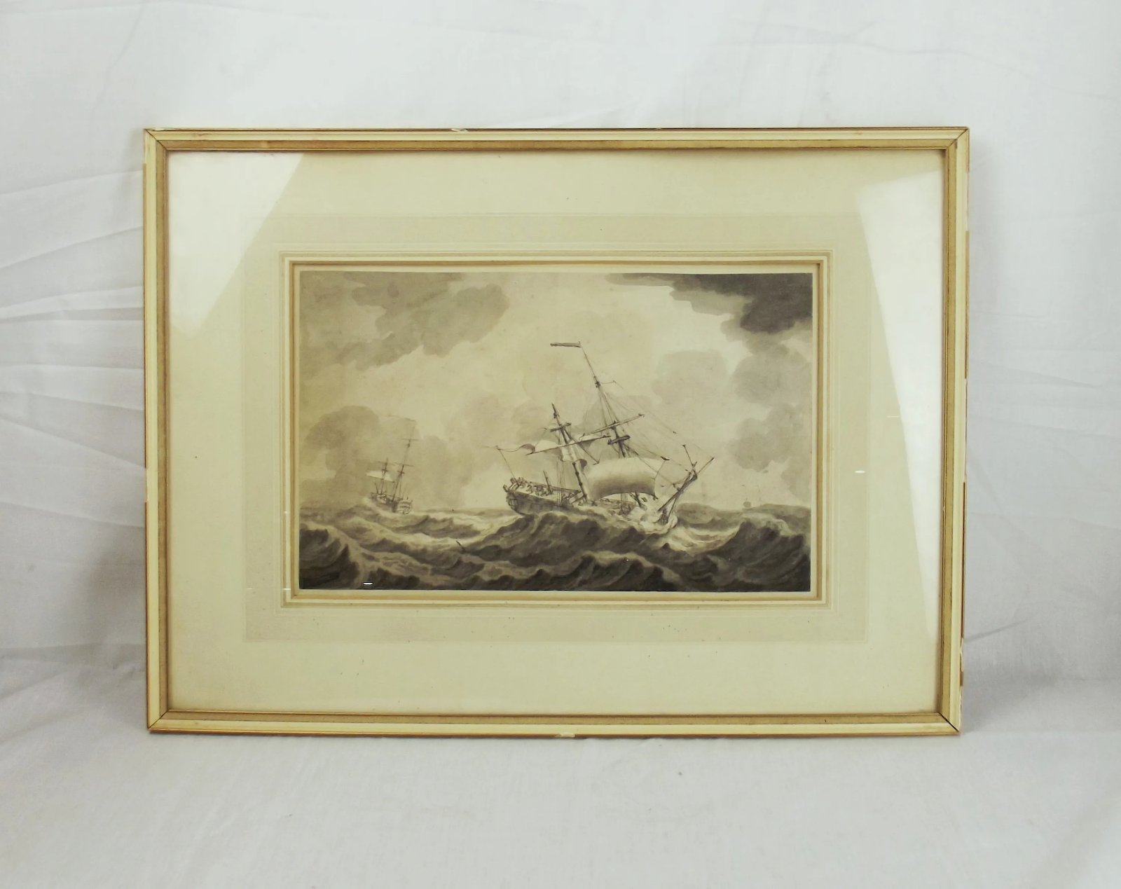 Framed Monochrome Watercolour Of Sailing Ships - Swains 1917
