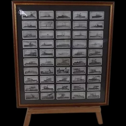 Framed Original Full Set Of 50 Stephen Mitchell "British Warships" Cigarette Cards 1915