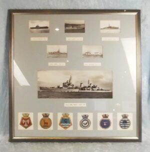 Framed Set of Photographs of Various Royal Navy Ships Including HMS Belfast