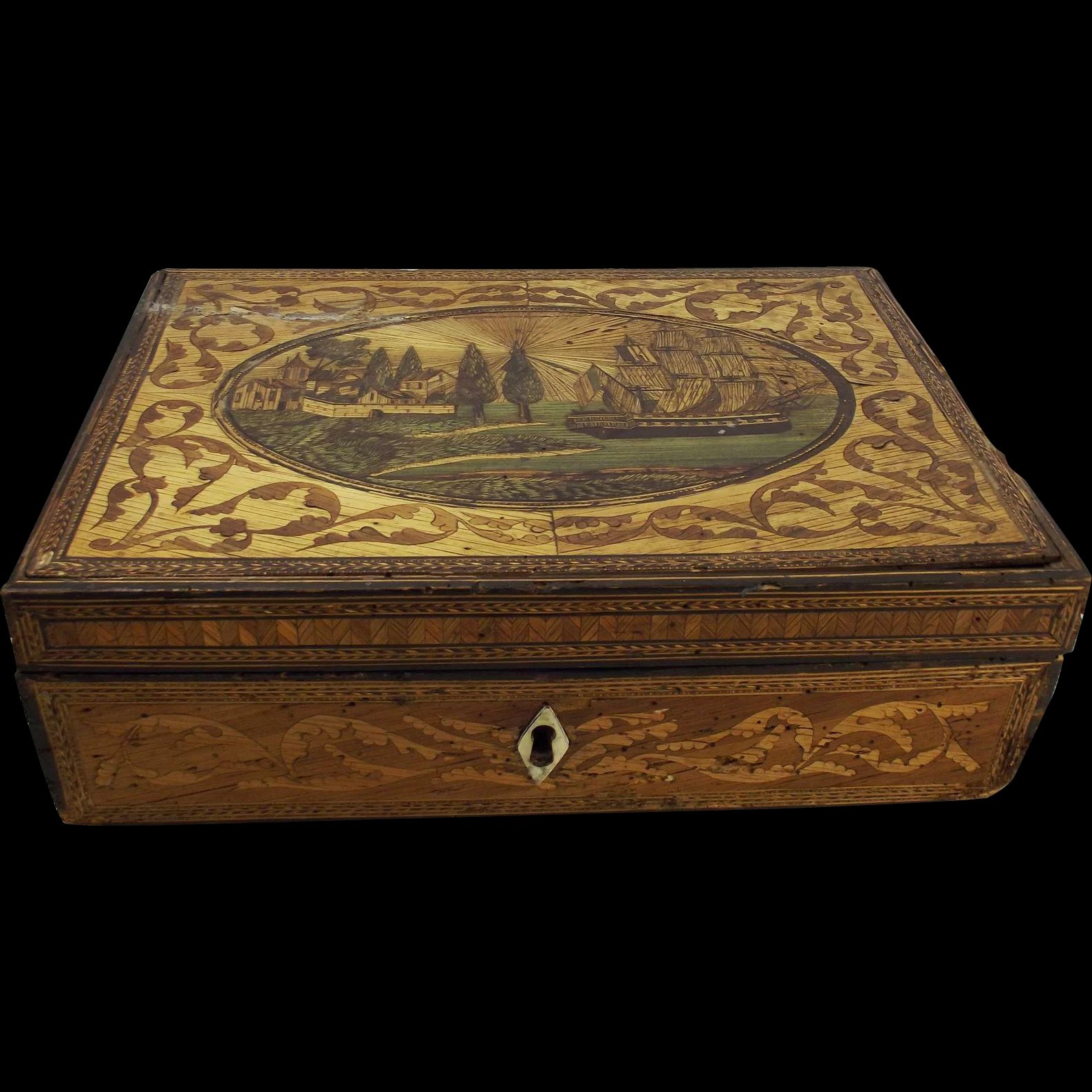 French Prisoner Of War Straw Work Decorated Writing Box c1810