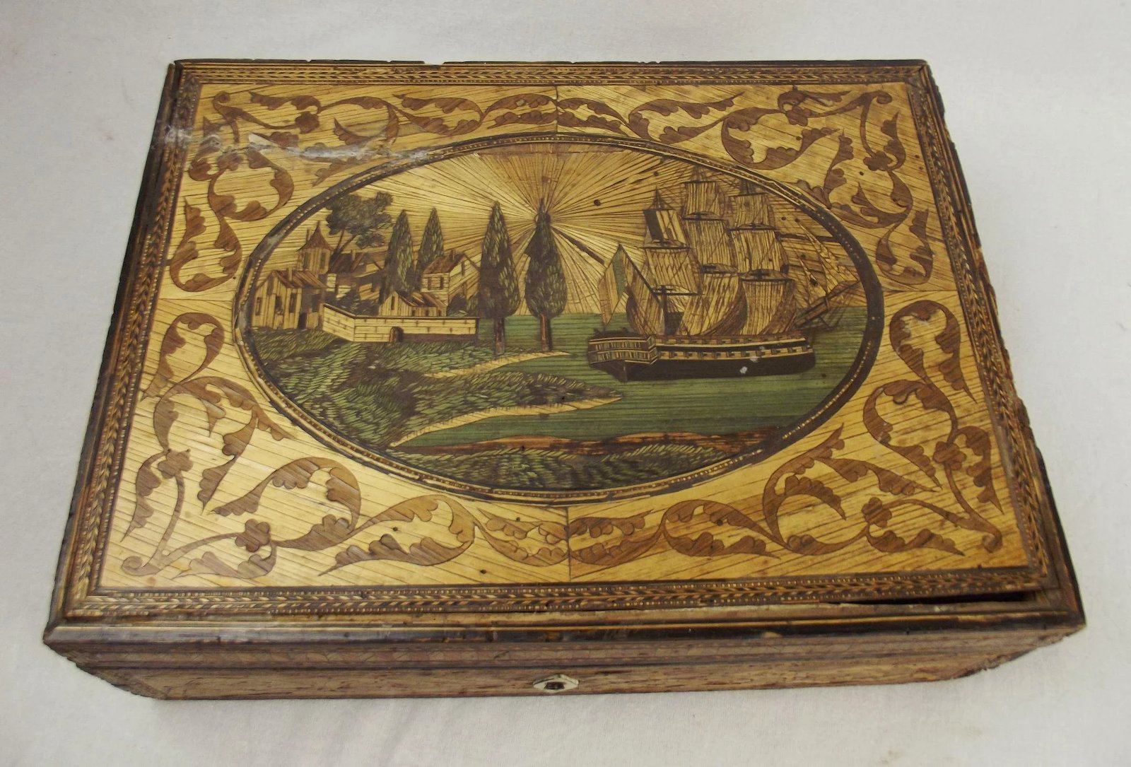 French Prisoner Of War Straw Work Decorated Writing Box c1810 - Image 4