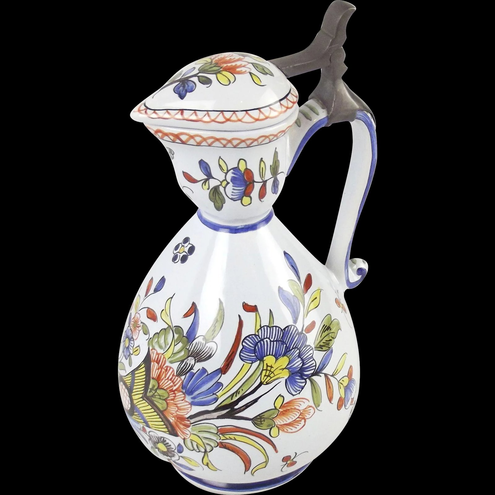 French Tin-Glaze Polychrome Pitcher With Pewter Cover