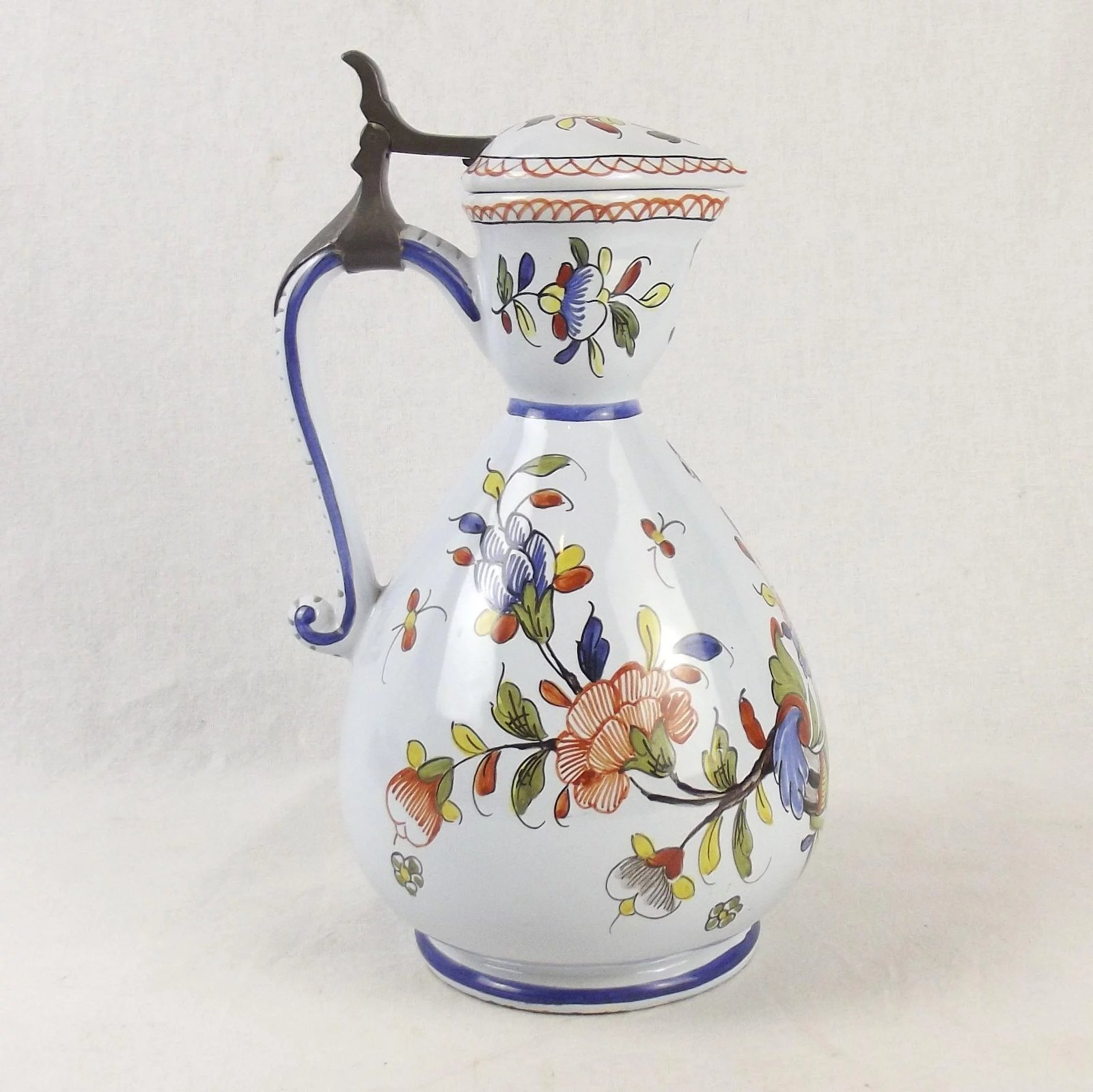French Tin-Glaze Polychrome Pitcher With Pewter Cover - Image 2