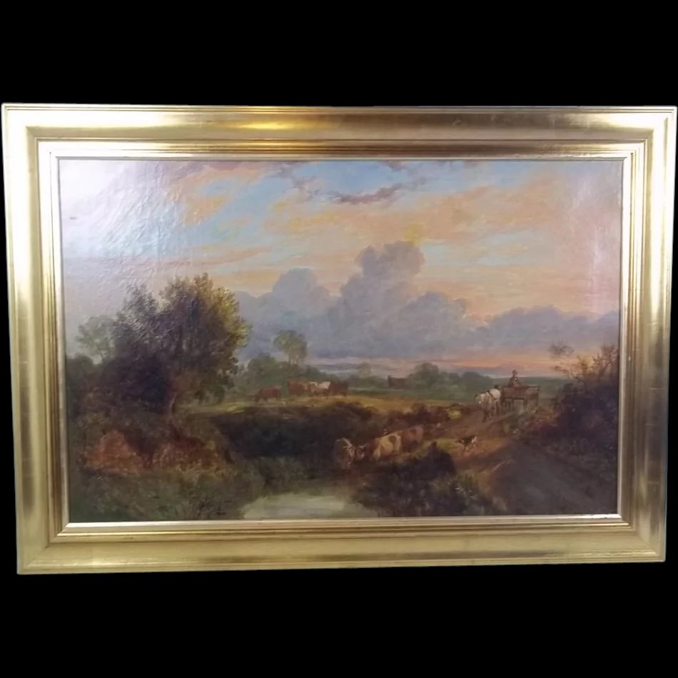 George Shalders (1826-1873) Oil On Canvas Of 'Cattle Watering At Eventide', 1855