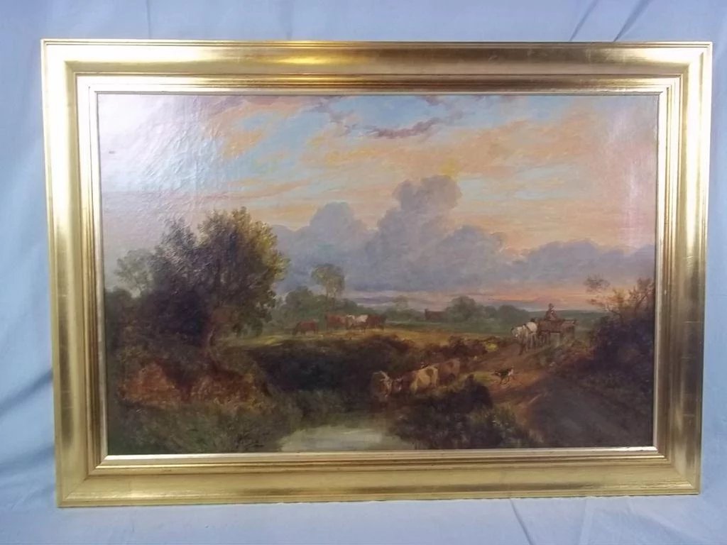 George Shalders (1826-1873) Oil On Canvas Of 'Cattle Watering At Eventide', 1855 - Image 2