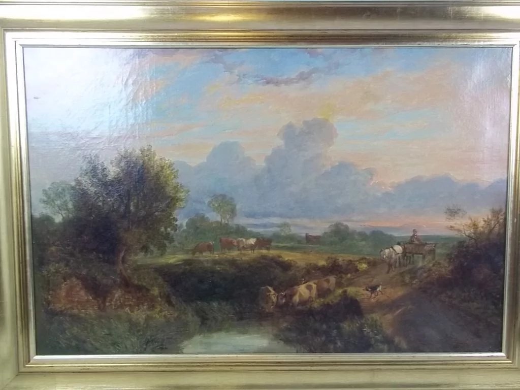 George Shalders (1826-1873) Oil On Canvas Of 'Cattle Watering At Eventide', 1855 - Image 3