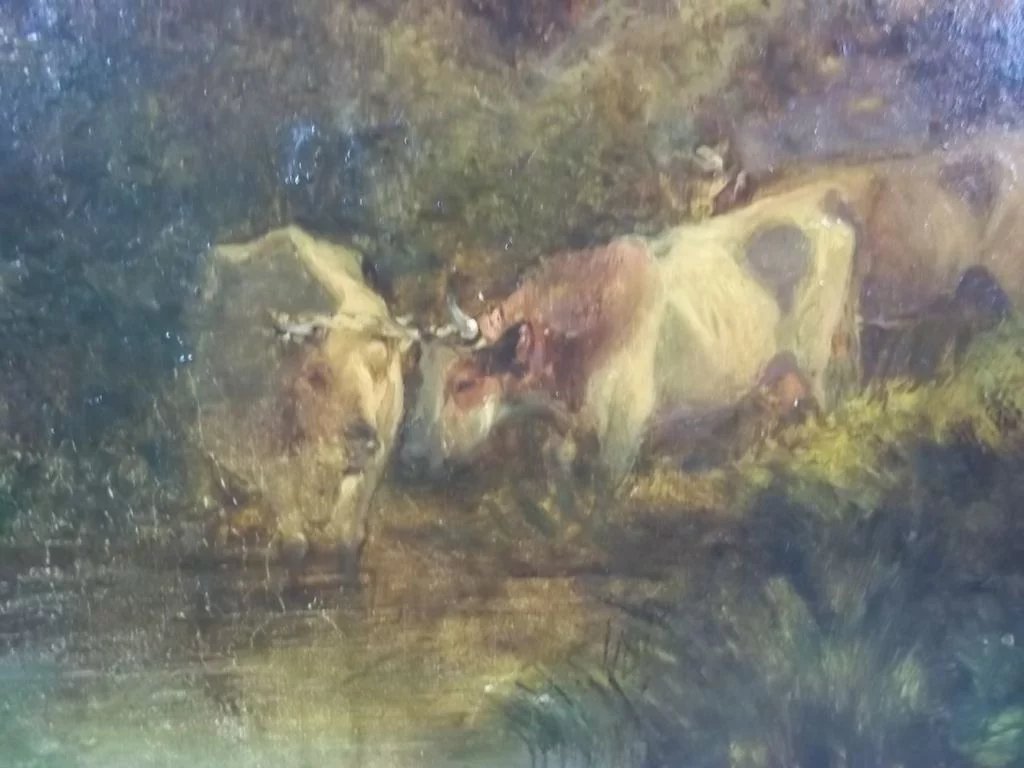 George Shalders (1826-1873) Oil On Canvas Of 'Cattle Watering At Eventide', 1855 - Image 8