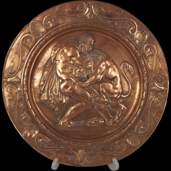 Georgian Hercules & Lion Gilded Pewter Plaque