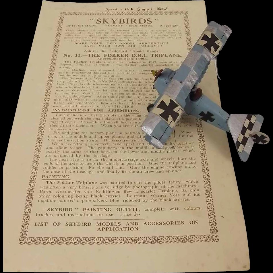 Givejoy Toys Skybirds 1/72nd Scale Aircraft Fokker D.R.1 Triplane In Blue
