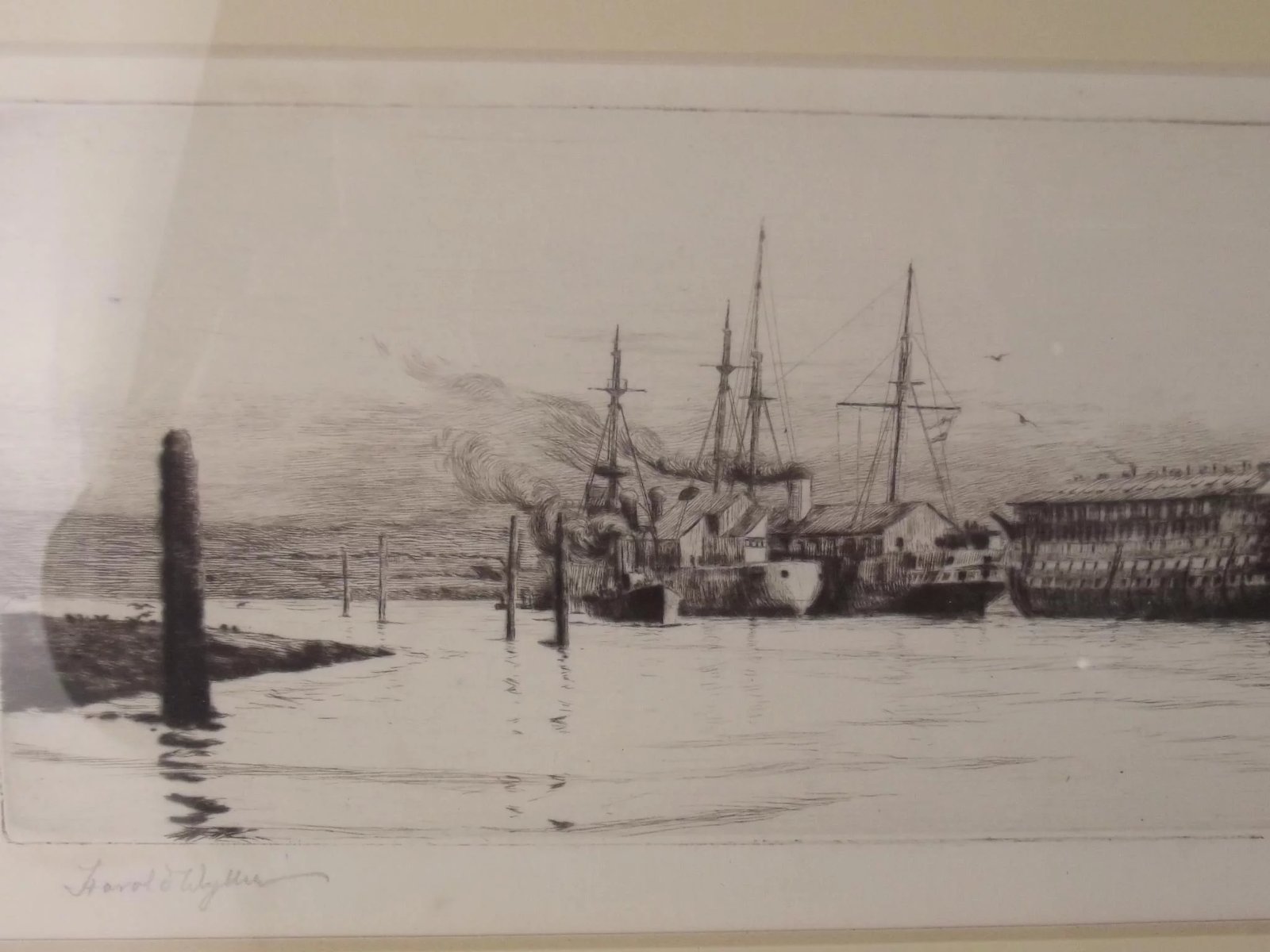 Harold Wyllie (1880-1975) Signed Framed Engraving - Old Hulks In The Harbour - Image 5