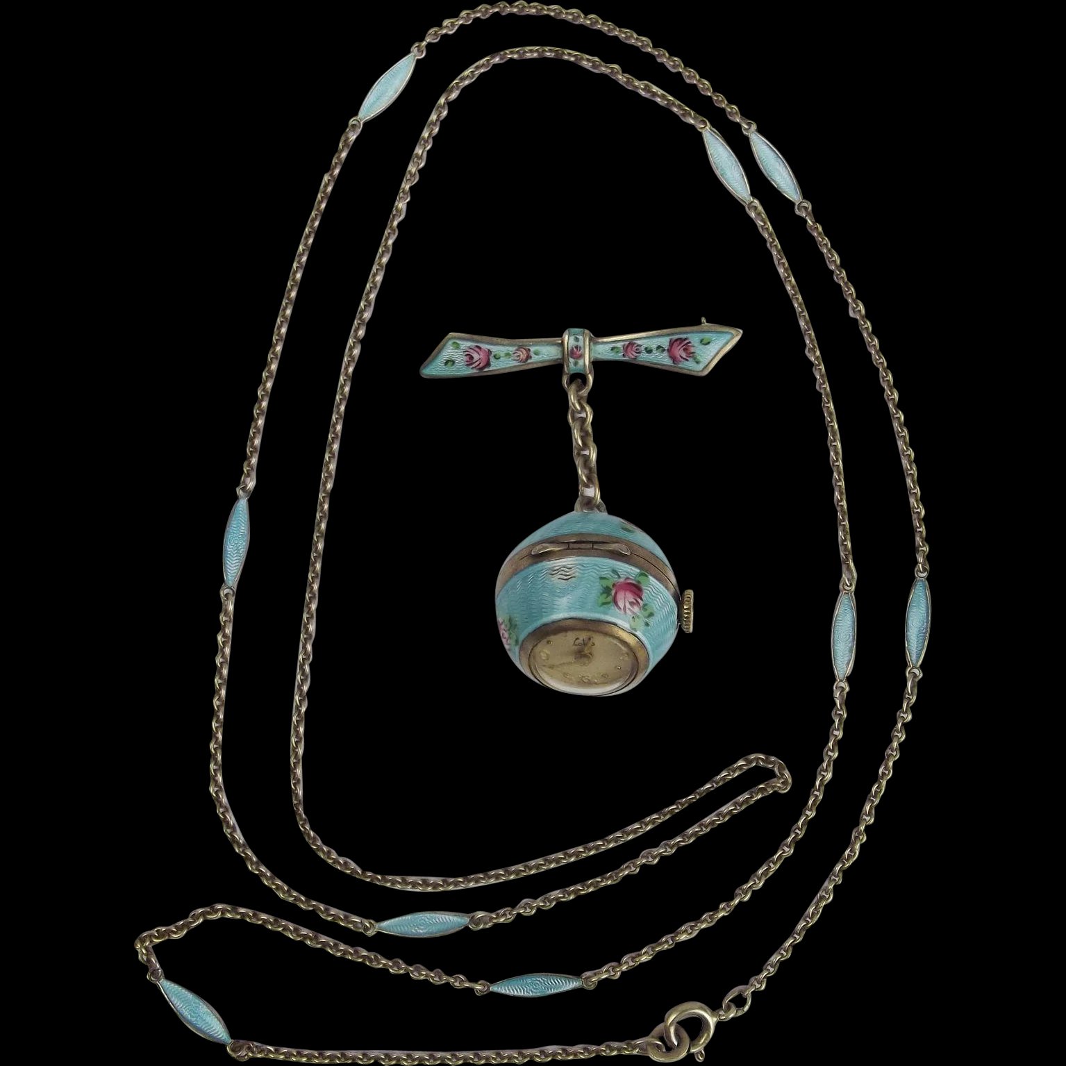 Ladies Lotos Enamel On Guilloche Silver Fob Watch With Chain c1930’s