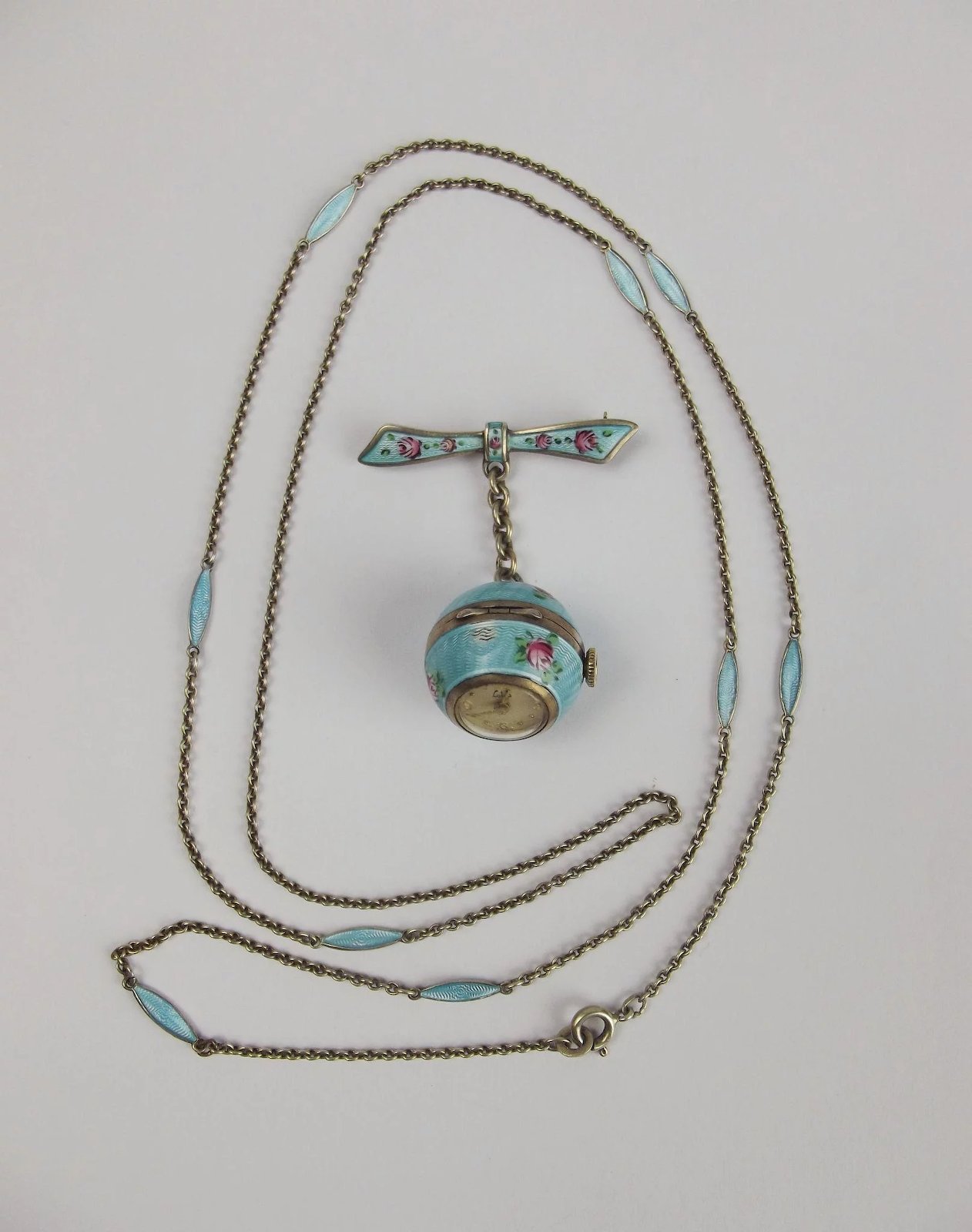 Ladies Lotos Enamel On Guilloche Silver Fob Watch With Chain c1930’s - Image 2