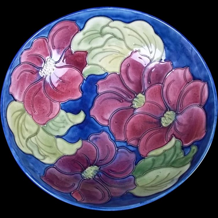 Large 10.5" Vintage Moorcroft Pedestal Bowl Clematis Pattern Royal Warrant Label