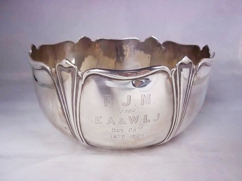 Large Engraved Sterling Silver Bowl Hallmarked For Sheffield 1904 by Atkin Bros