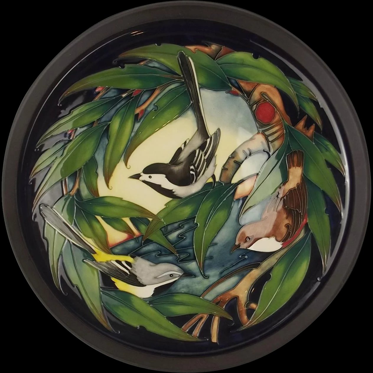 Large Framed Bird Design Moorcroft Pottery Charger – Signed Philip Gibson 2003