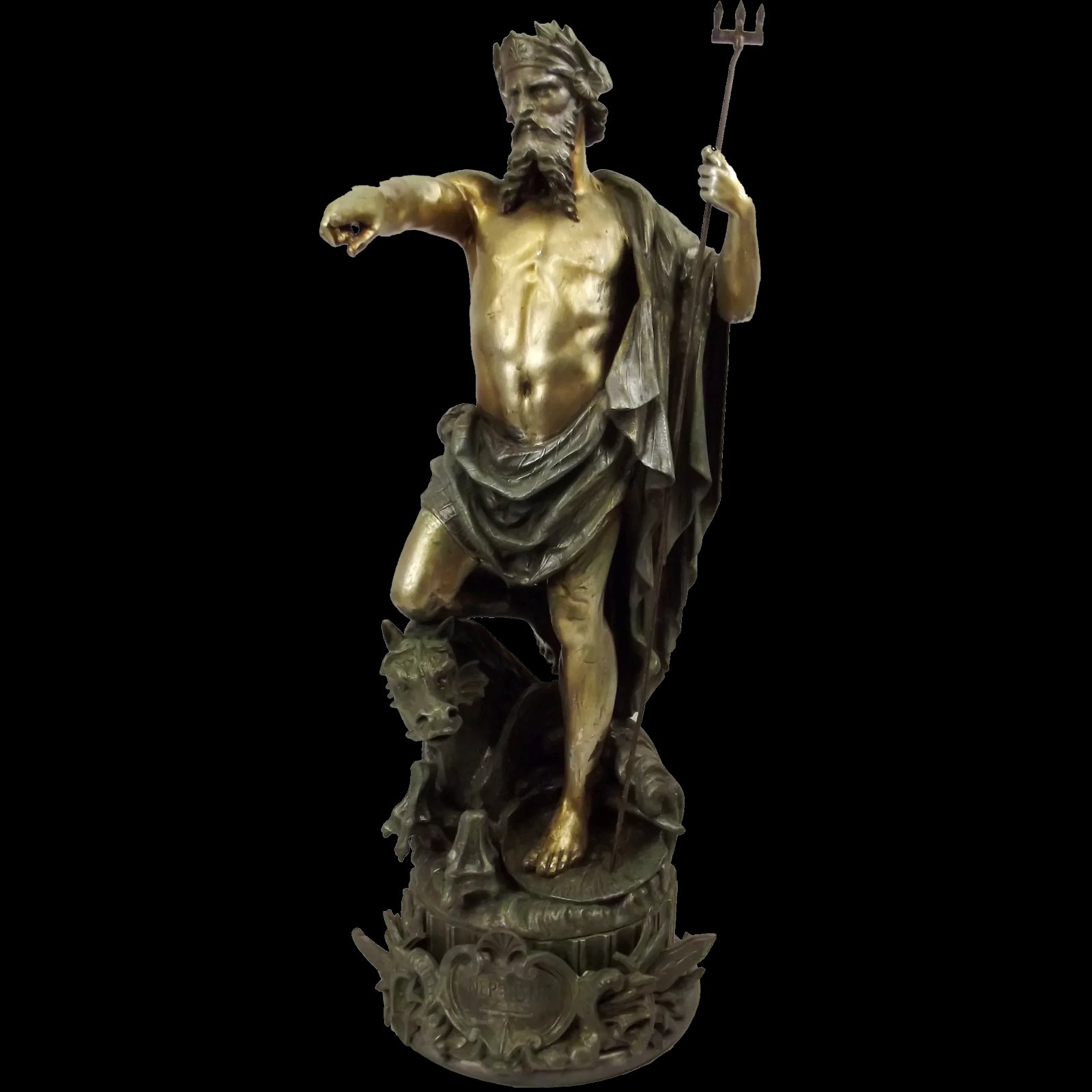Large Gilt Spelter Statue of Neptune By Gustave Trouillard