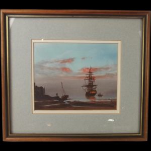 Les ‘Jason’ Spence Framed Pastel & Watercolour Of A Ship At Harbour c1990