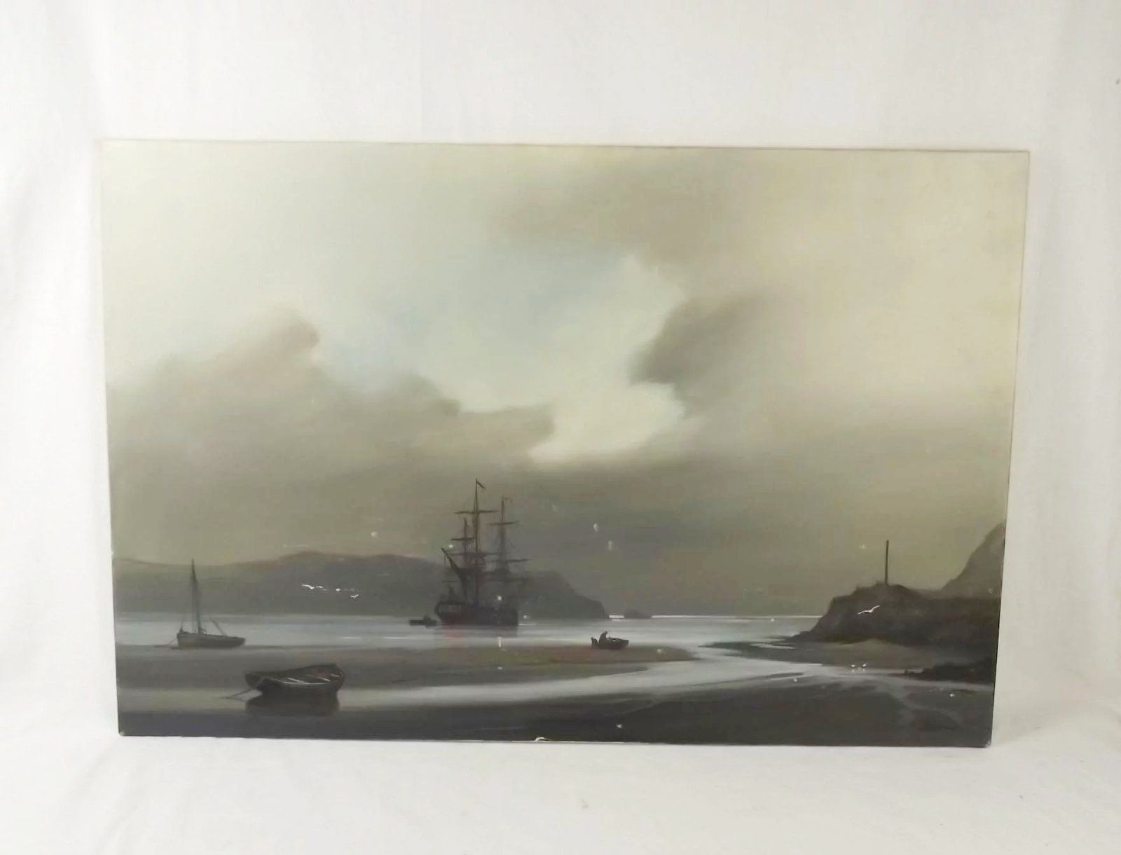 Les ‘Jason’ Spence Oil On Canvas Of Ship In Bay