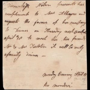 Letter By Admiral Lord Nelson's Wife Francis Circa 1820