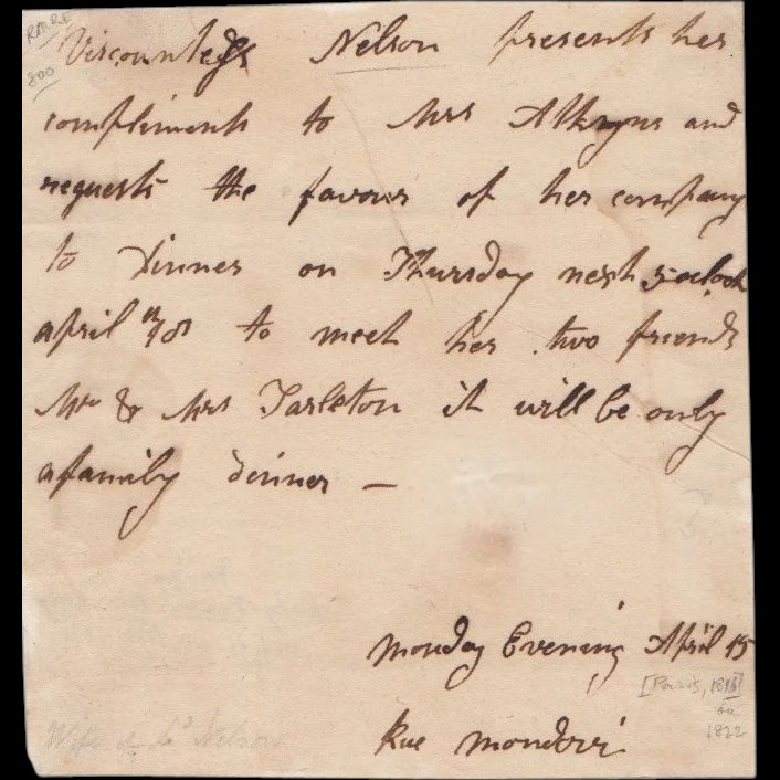 Letter By Admiral Lord Nelson's Wife Francis Circa 1820