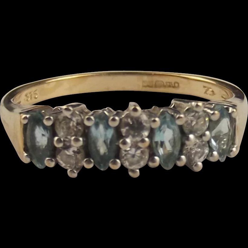 London 9ct Yellow Gold Aquamarine & Cubic Zirconia Ring UK Size M+ US 6 ½