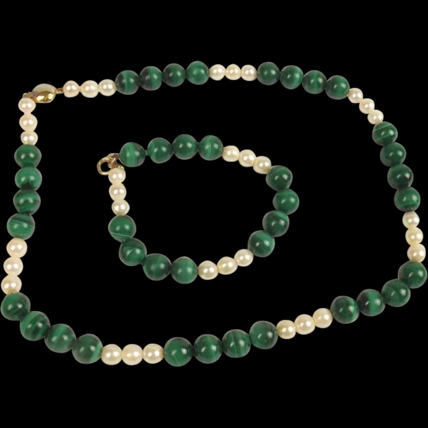 Malachite Bead & Pearl 9ct Gold Necklace & Bracelet Set