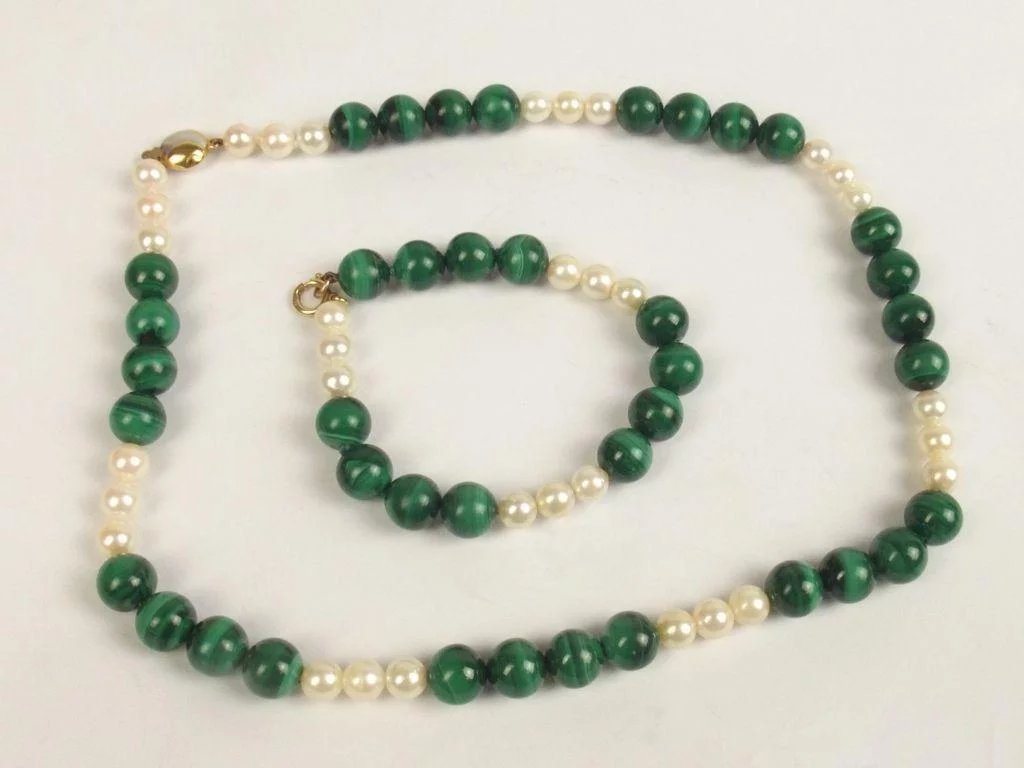 Malachite Bead & Pearl 9ct Gold Necklace & Bracelet Set - Image 2
