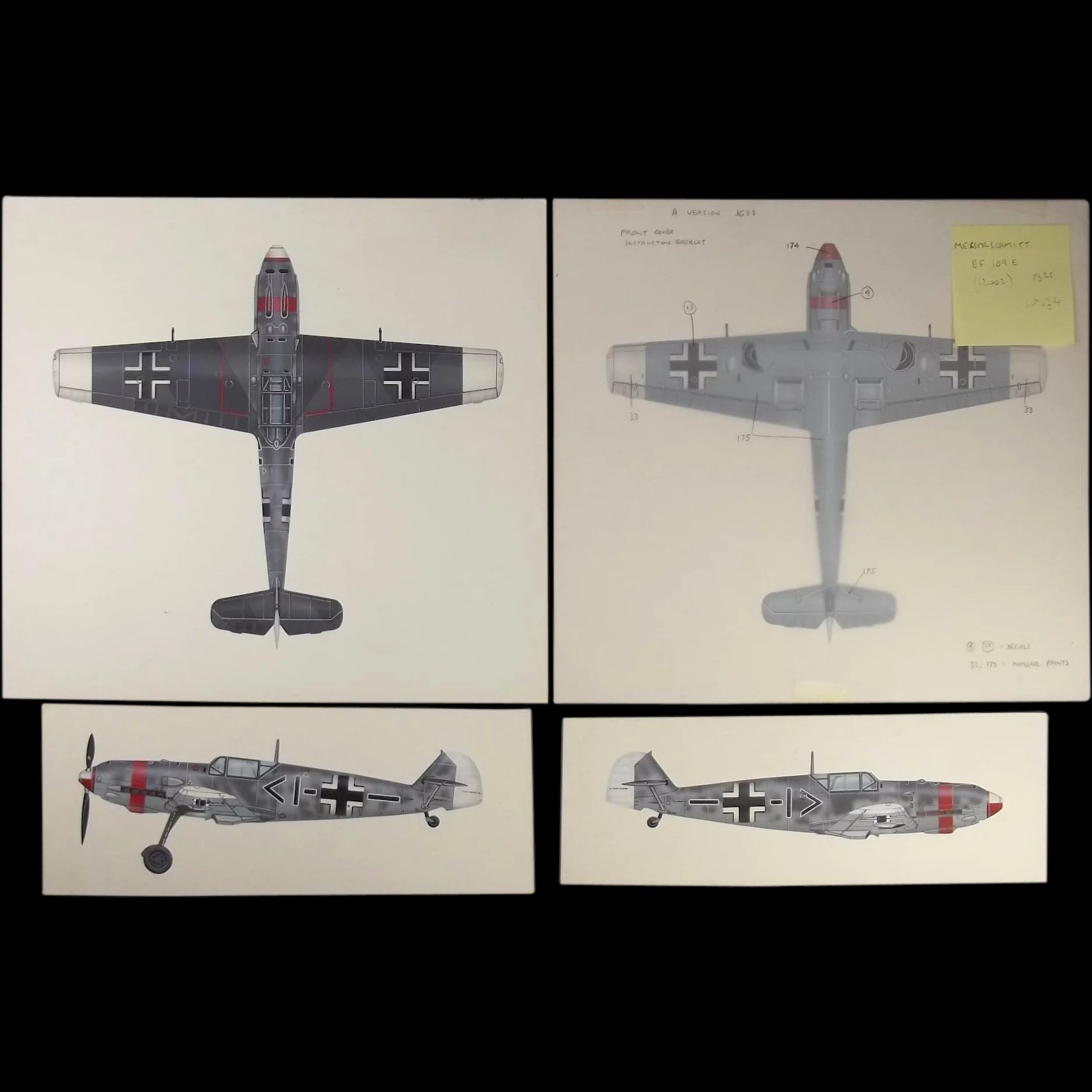 Original Set Of 4 Airfix Model 12002 Artwork 1/24 Messerschmitt BF 109E By R.L.Ward Airfix
