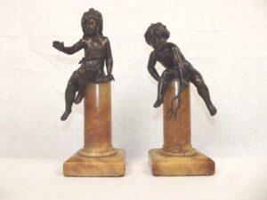 Pair Of 19th Century Spelter Cherubs On Marble Bases
