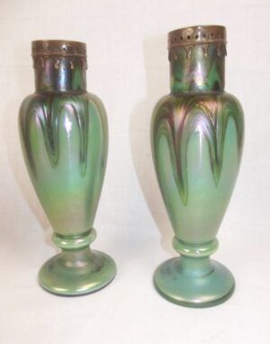 Pair Of Early 20th Century Rindskopf Vases With Marvered Pulled Loop Iridescent Decoration Below Pierced Metal Mounts